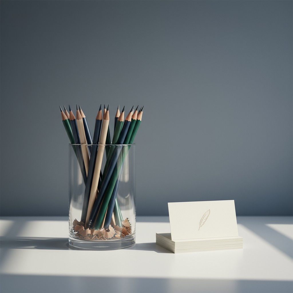 A glass of sharpened colored pencils on a desk with a partially shown stack of white business cards next to it.