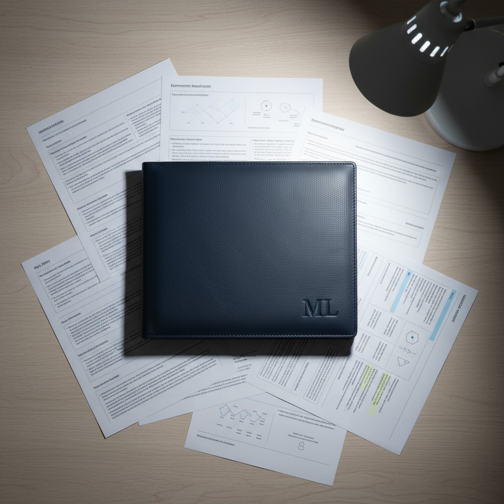 A leather wallet with "ML" on it centered on top of various office papers illuminated by a desk lamp.